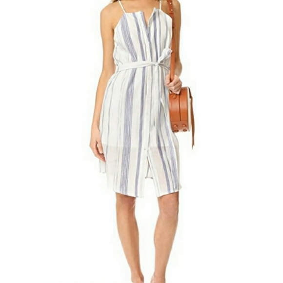 J.O.A Striped Button Down Spaghetti Strap Shirt dress White/B…